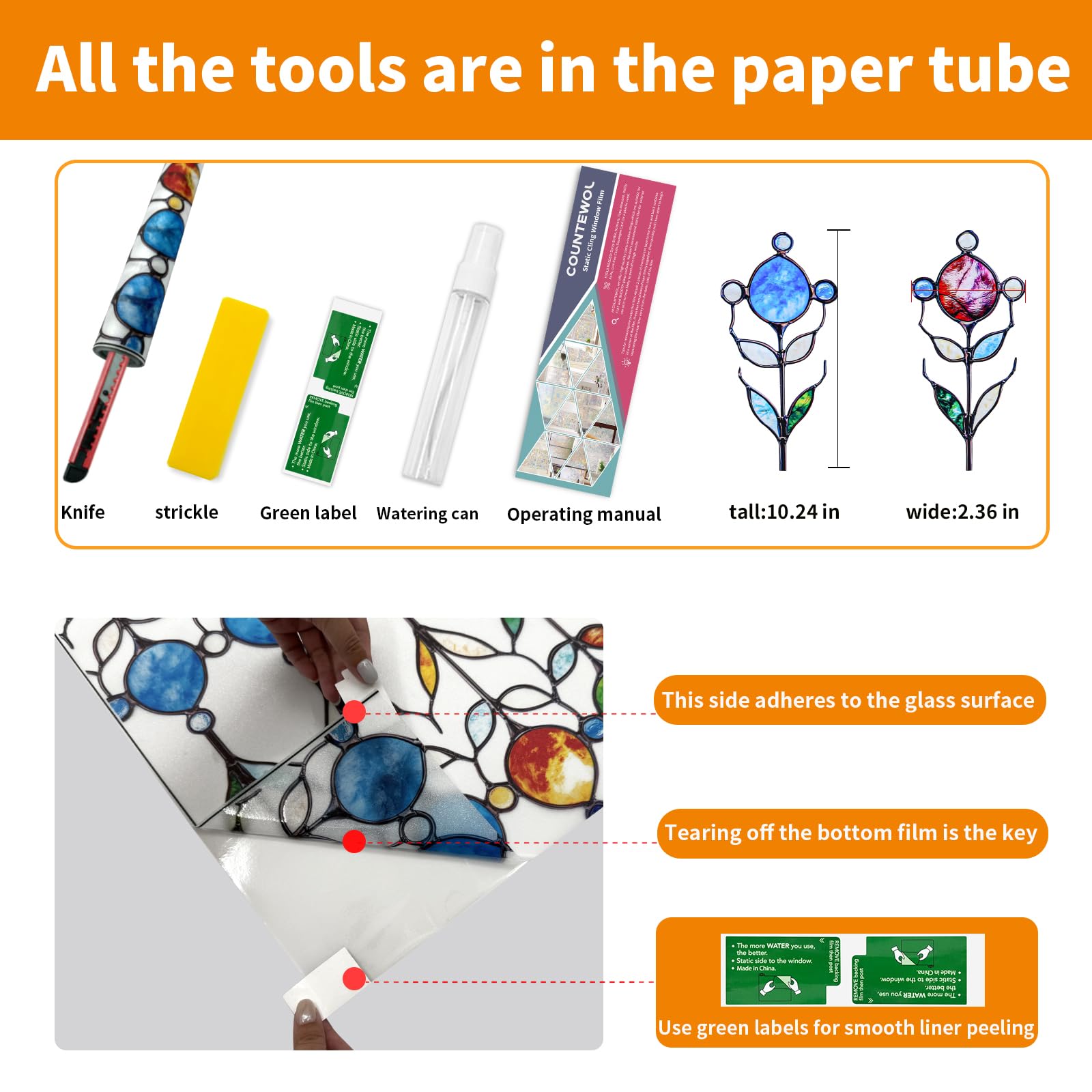 Countewol Rainbow Privacy Window Film Stained Glass Style Adhesive-Free Residue-Free Reusable Easy to Install with Tools (Rainbo